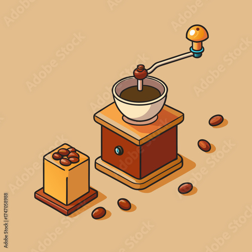 Isometric Manual Coffee Grinder with Coffee Beans and Cup