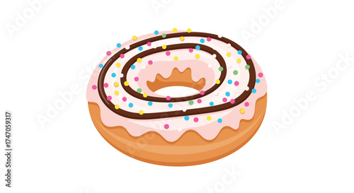 A sweet pink frosted donut with chocolate drizzle and sprinkles.