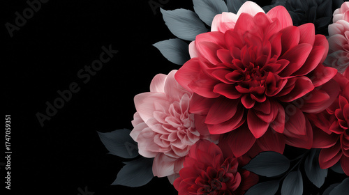 A luxurious floral arrangement showcases vibrant red and light pink dahlia blooms with elegant gray leaves against a sleek black background, creating a bold statement.
