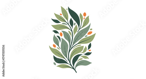 A botanical illustration featuring a sprig of leaves and small berries in muted green and orange tones.