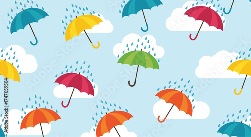 Colorful umbrellas floating in the sky above clouds with rain falling.