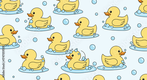 A delightful pattern of yellow rubber ducks floating in bubbly bath water.