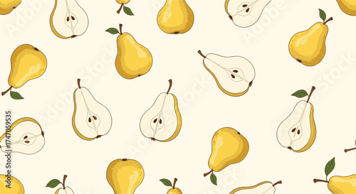A delightful pattern of ripe pears and their refreshing halves.