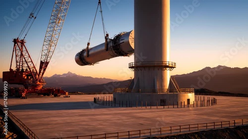 Construction crane lifting part of a wind turbine during sunset