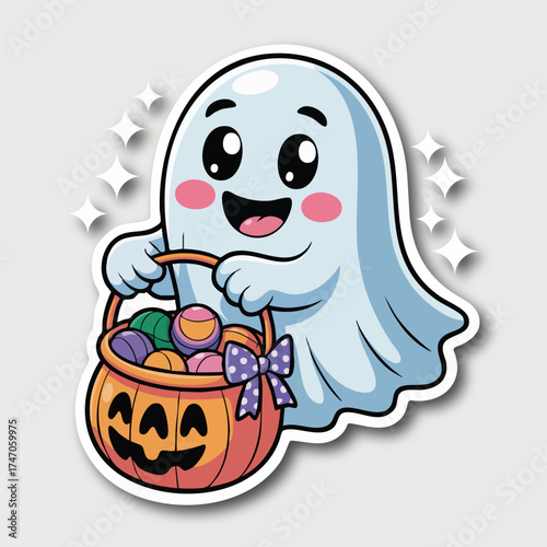 Cute cartoon ghost holding a candy bucket