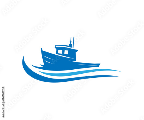 Illustration of a blue boat sailing on blue waves