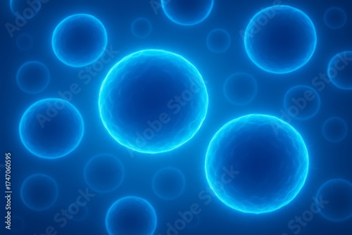 Glowing blue cells in abstract biological background