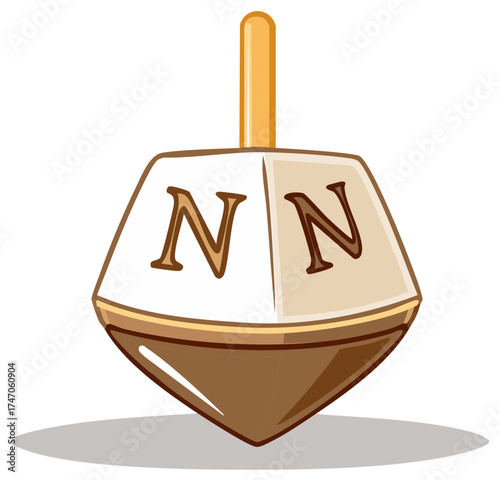 Hanukkah Dreidel: Cartoon illustration of a dreidel with Hebrew letter nun symbol for festive Jewish holiday celebrations