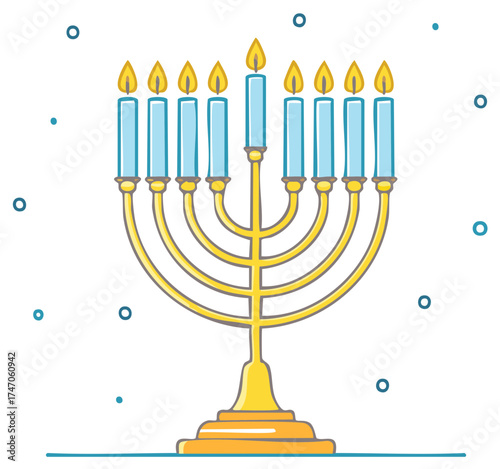 Illustration of a lit Hanukkah menorah with nine candles and decorative blue circles on a white background
