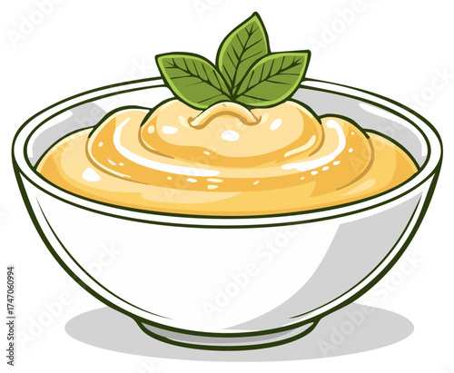 Delicious creamy sauce in a white bowl with green leaves for garnish