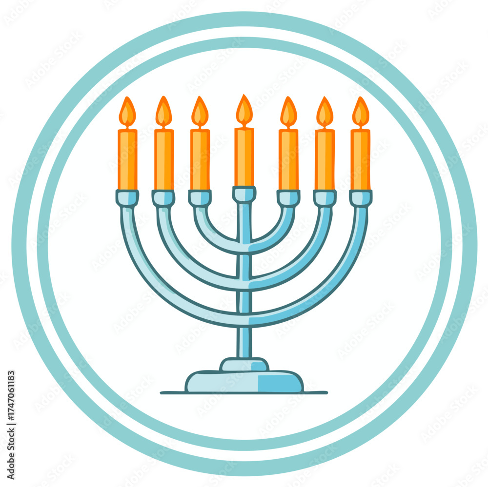 Obraz premium Menorah candelabrum with seven lit orange candles in a round blue border flat icon vector design