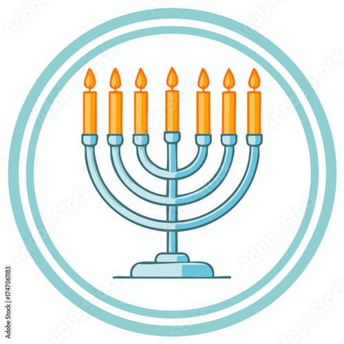 Menorah candelabrum with seven lit orange candles in a round blue border flat icon vector design