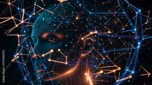 Abstract representation of a human head with glowing neural network connections, symbolizing artificial intelligence and digital thought processes.