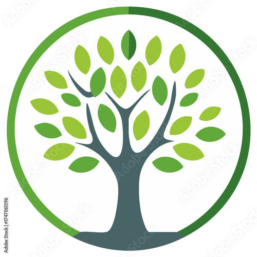 Tree of life logo design. Green leaves in a circular tree icon. Environment and nature symbol.