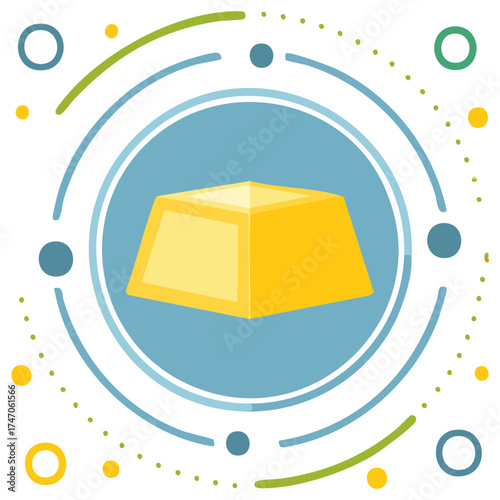 Gold ingot inside a circle, with decorative design elements, financial concept.