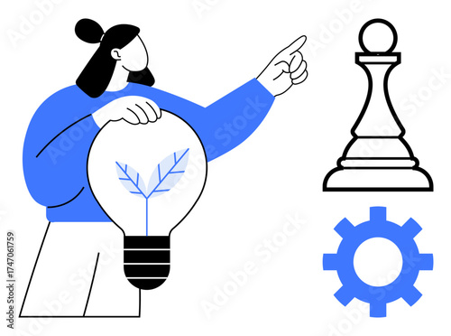 Woman holding a light bulb with a leaf silhouette, pointing at a chess piece and gear. Ideal for innovation, strategy, leadership, sustainability, decision-making, teamwork and development. Simple