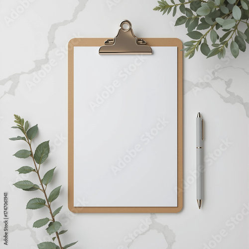 White clipboard with blank paper on white background, top view