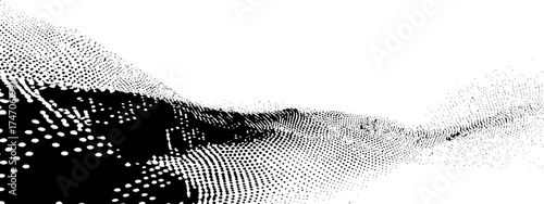 Abstract black and white halftone wave design. Gradated dots forming a flowing, dynamic wave pattern. Soft transitions from light gray to black. Simple, clean, and modern aesthetic