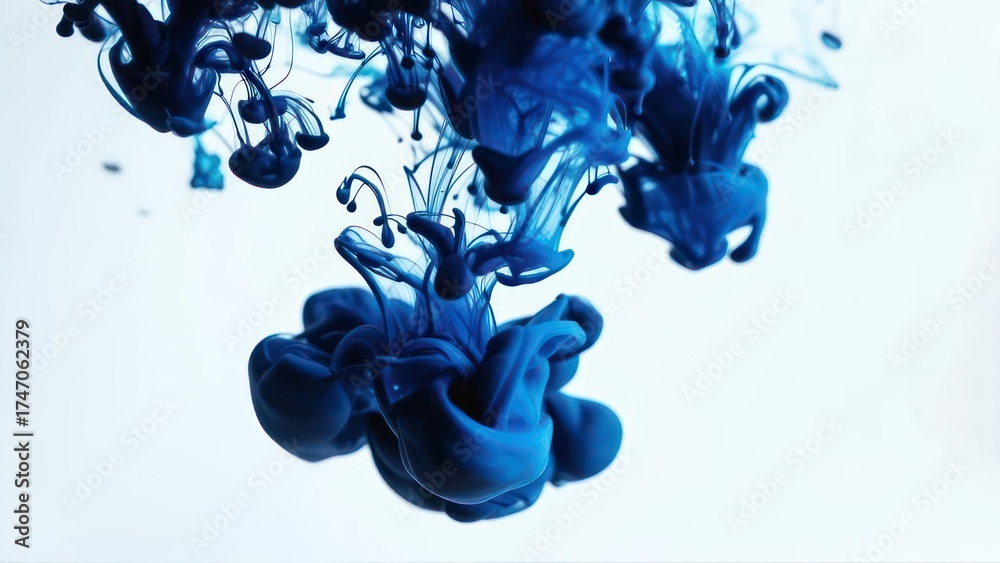 Obraz premium Deep indigo ink droplets swirling and diffusing in water