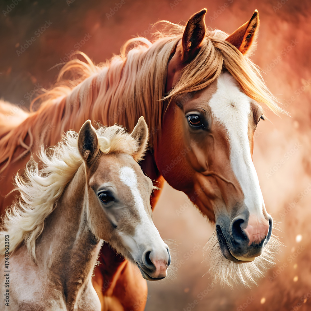 Obraz premium Photo of horses. A mare with a curly chestnut mane and a white foal with a bright orange mane, warm tones, pink pastel background, noticeable brush texture. Symbol of the New Year, the fiery horse.