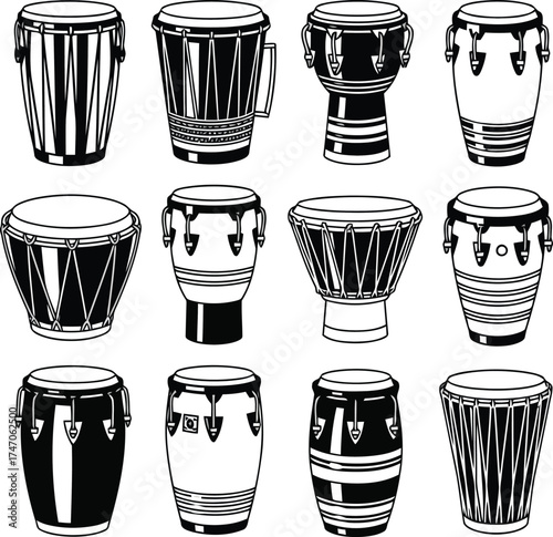 Assortment of African Drum Silhouettes percussion music