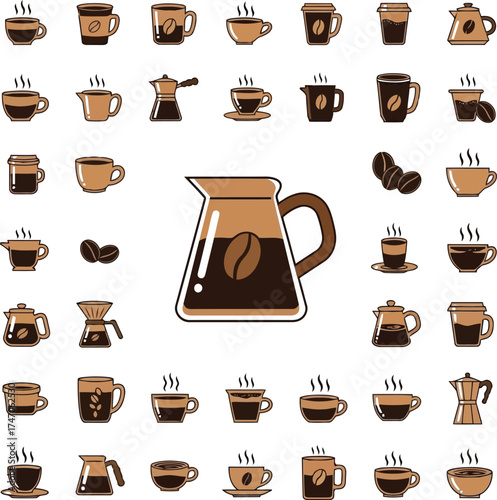 Assortment of coffee cups and brewing equipment mugs