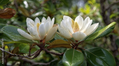 Stunning photo of closeup of two beautiful magnolia flowers blooming on a tree branch.