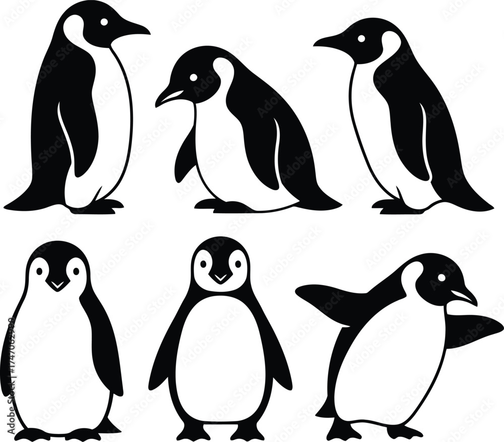 Naklejka premium Six Penguin Silhouettes In Various Poses On White Background