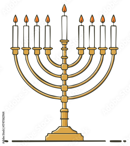 Illustrated golden menorah with lit candles, religious symbol