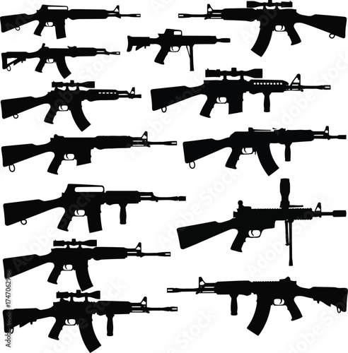 Silhouettes of various assault rifles and firearms
