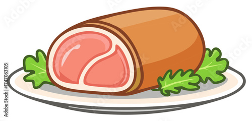 Cartoon style sliced roasted meat on a white plate with fresh green lettuce garnish