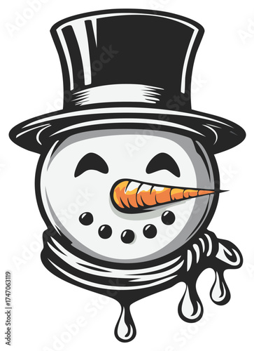 Snowman Illustration with Top Hat, Carrot Nose, and Scarf with Dripping Water