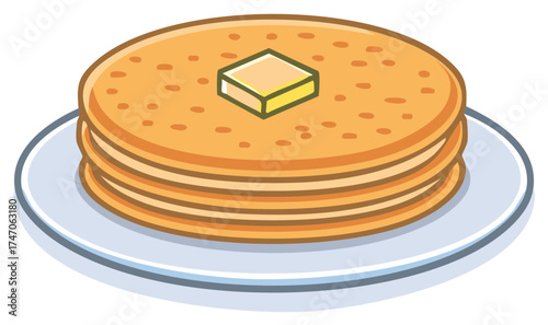 Stack of golden pancakes with butter on a plate, cartoon illustration