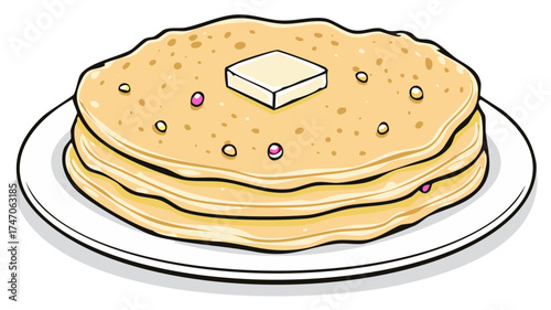 Cartoon illustration of a stack of pancakes with butter on a plate for breakfast