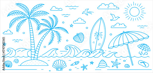 Summer Beach Doodle Icon Collection with Surf and Tropical Elements