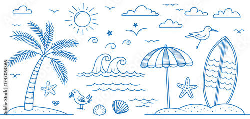 Hand Drawn Beach and Surf Doodle Icon Set