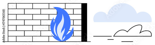 Brick wall with blue flame representing security, cloud shapes symbolizing external threats. Ideal for cybersecurity, network safety, online protection, digital safety, secure communication, threat