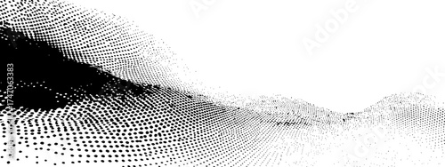 Abstract black and white halftone wave design. Gradated dots forming a flowing, dynamic wave pattern. Soft transitions from light gray to black. Simple, clean, and modern aesthetic