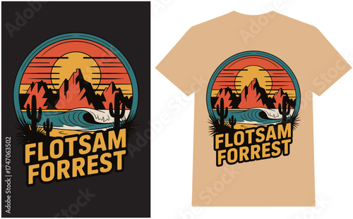Retro Sunset Desert and Ocean Wave T-Shirt Design with “Flotsam Forrest” Typography