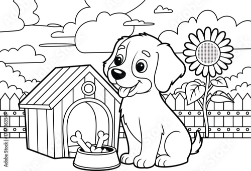Cute cartoon puppy dog sitting next to a doghouse with a bone and food bowl