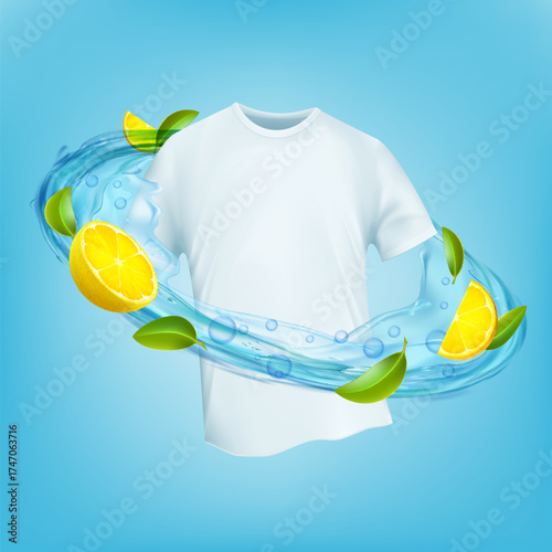 White t-shirt with lemon-scented fabric softener or laundry detergent. Vector illustration.