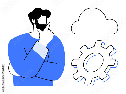 Man holding chin in a thinking pose next to a cloud and gear icon. Ideal for technology, innovation, problem-solving, brainstorming, cloud computing, automation, digital transformation, simple flat
