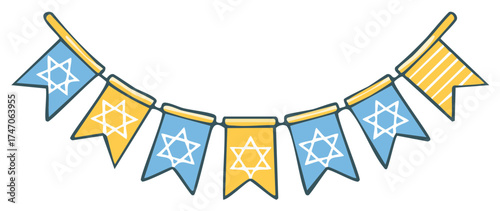 Festive blue and yellow bunting flags decorated with Star of David symbols strung together