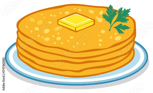 Stack of Pancakes with Butter and Parsley on Plate: Delicious Breakfast Food Illustration