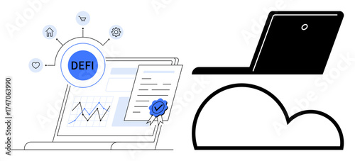 Decentralized finance tools on a laptop with documents, charts, blockchain icons, and cloud technology. Ideal for fintech, blockchain, security, data investment innovation technology. Simple flat
