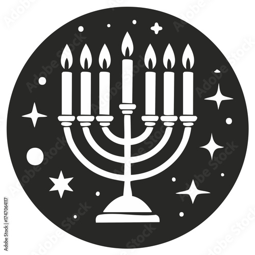 Festive Chanukiah Menorah with Lit Candles and Decorative Stars Icon Design