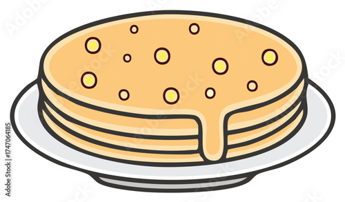 Sweet golden pancakes stacked high with dripping syrup and small toppings served on a plate