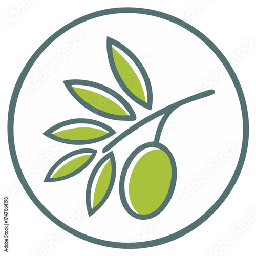 Stylized olive branch with one olive and leaves inside a circular border