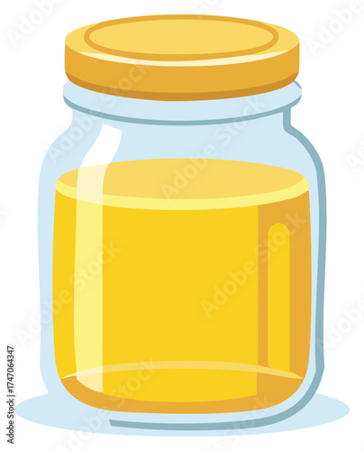Stylized illustration of a clear glass jar filled with golden liquid and a yellow lid