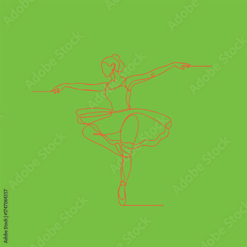 Elegant ballerina performing a graceful dance pose with arms extended and one leg lifted on a vibrant green